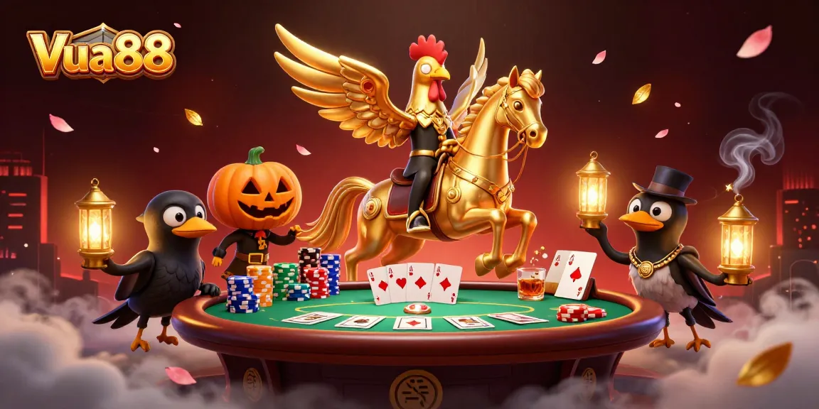 Experience Vua88’s thrilling casino adventure with our vibrant golden rooster, poker action, and mystical ambiance.