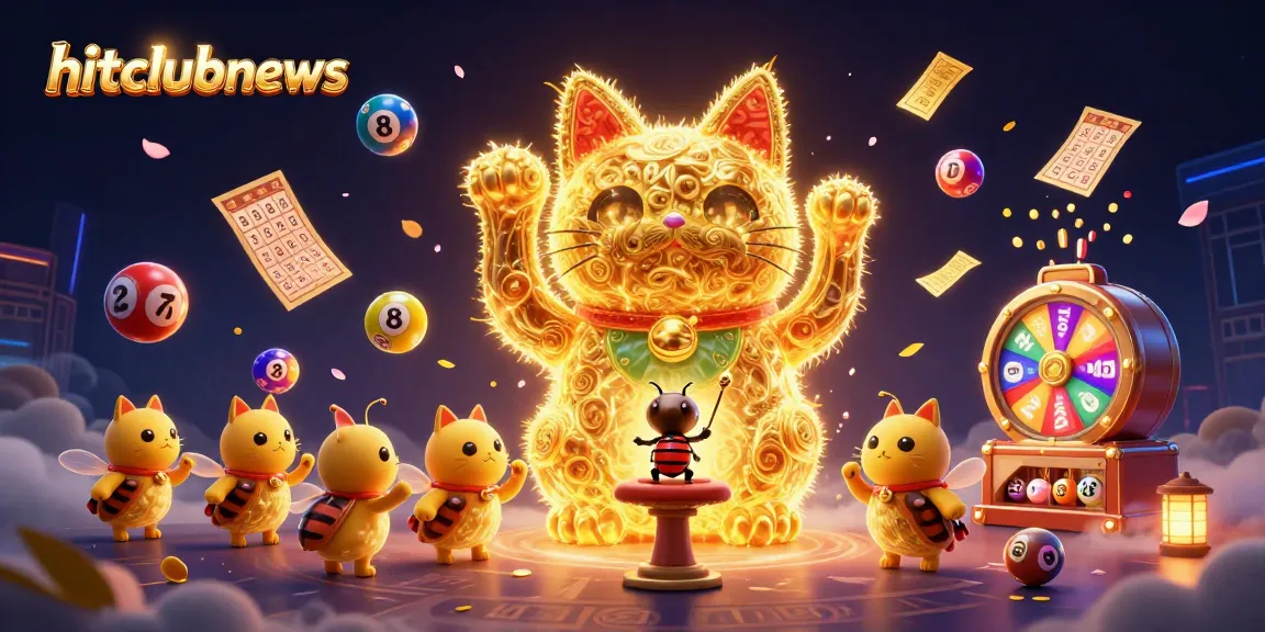 Experience the vibrant world of hitclubnews with this dynamic illustration of a golden lucky cat and colorful game elements.
