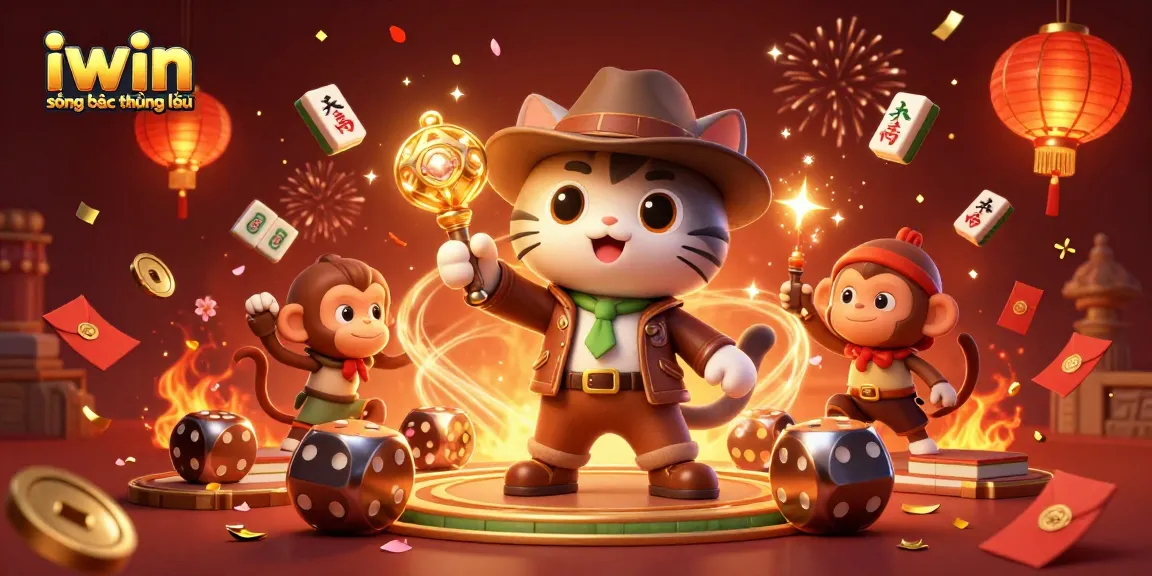 Experience iwin sòng bạc thượng lưu with an adventurous scene of a cat archaeologist uncovering casino treasures.