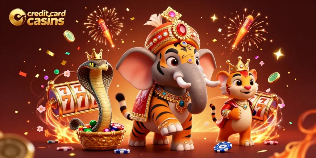 Engaging scene of credit card casinos with cartoon characters celebrating with slots and festive elements.
