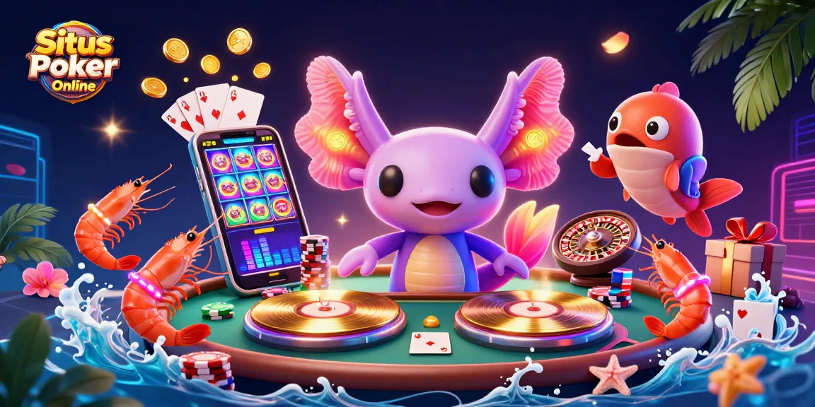 Situs Poker Online illustration showcasing a vibrant poker scene with neon characters and casino elements.