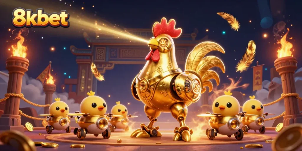 Experience thrilling gameplay at 8xbet with powerful golden rooster robot and engaging casino elements.