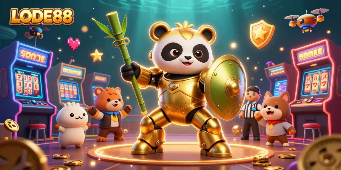 Experience LODE88's vibrant gaming world with a golden panda mech suit piloting a bamboo robot.