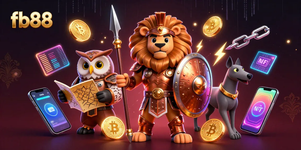 Win exciting rewards at fb88 with a dynamic 3D casino scene featuring a Spartan lion and digital assets.