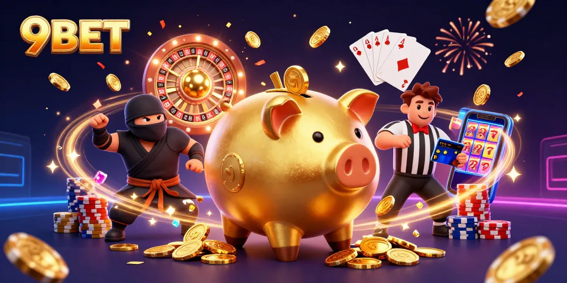 Join the fun at 9BET with a golden piggy bank, vibrant casino games, and thrilling wins.