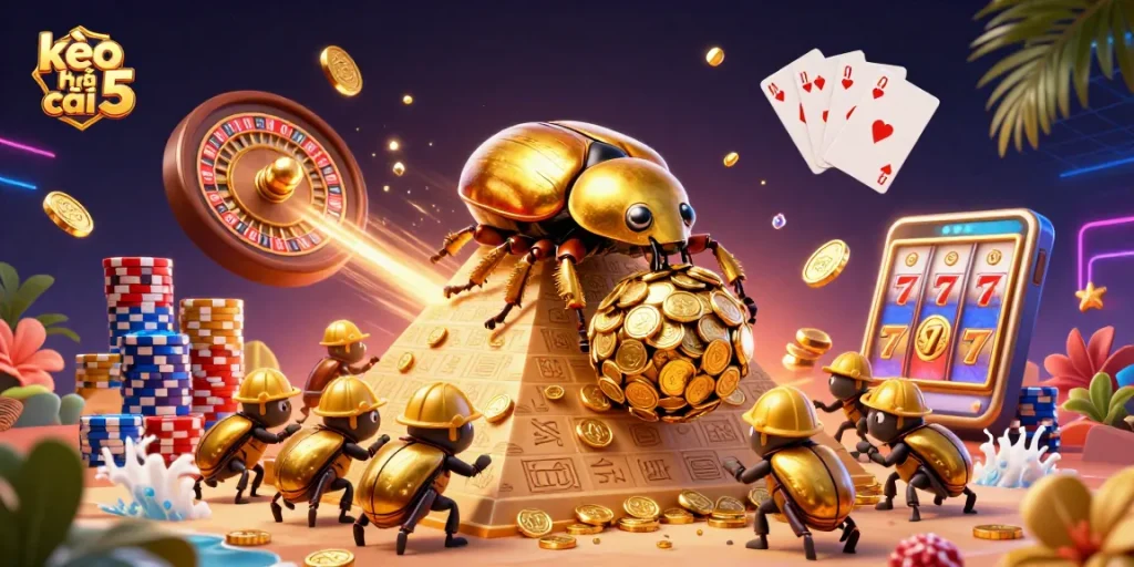 Betting enthusiasts explore kèo nhà cái 5, featuring golden coins and casino symbols in a vibrant scene.