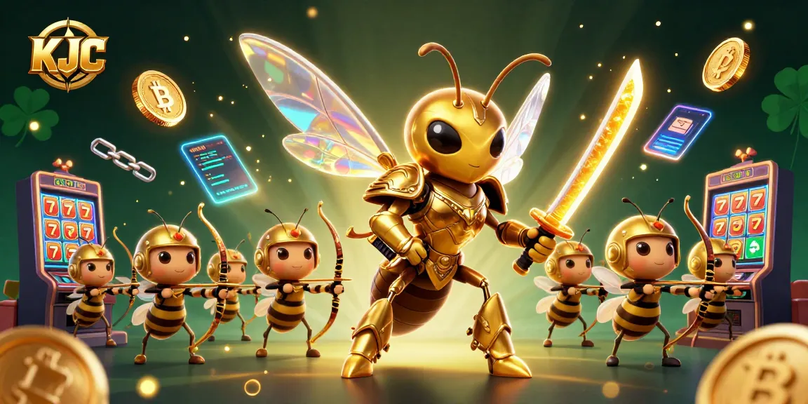KJC showcases a captivating casino scene with a golden hornet samurai leading bee archers amidst sparkling cryptocurrency coins.