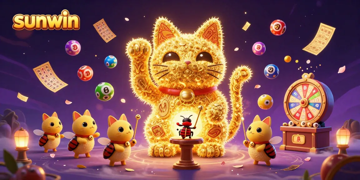 Experience the excitement of sunwin with a vibrant lucky cat illustration surrounded by lotto elements.