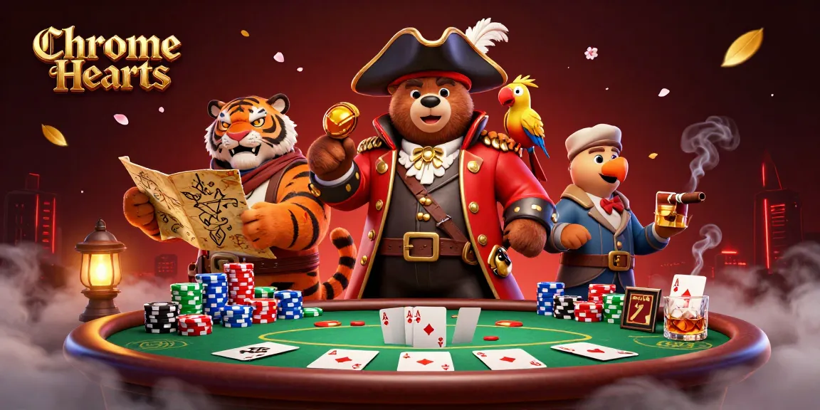 Chrome Hearts pirate captain bear and tiger at poker table, showcasing exciting gambling action.