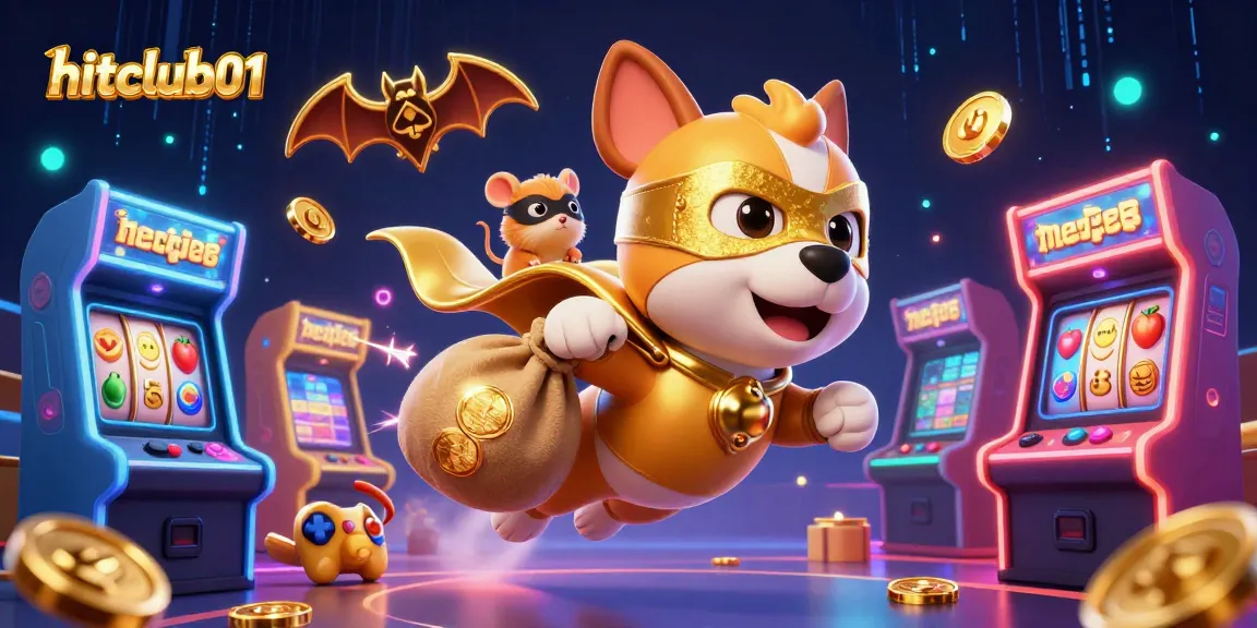 Experience hitclub01's vibrant casino adventures with a superhero dog and hamster in a dynamic gaming scene.