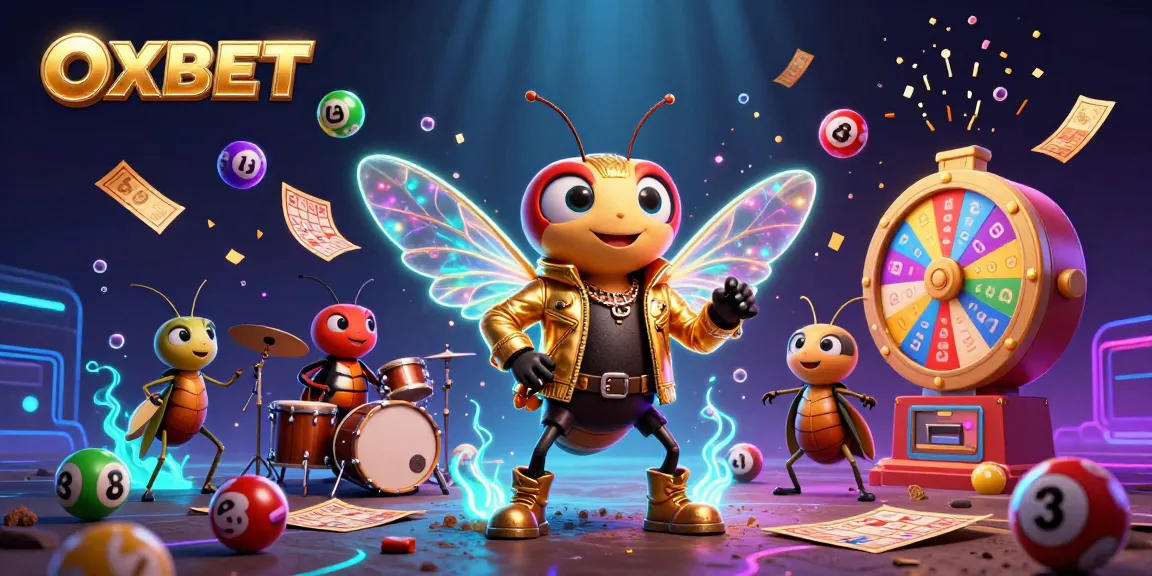 Engage with OXBET's vibrant casino scene featuring a rock star cicada and colorful lottery elements.