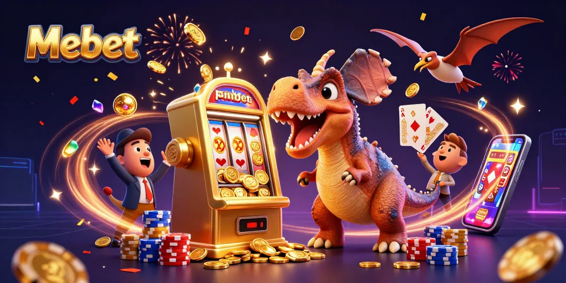 Mebet jackpot scene featuring a dinosaur, slot machine, and flying coins in a bustling casino.