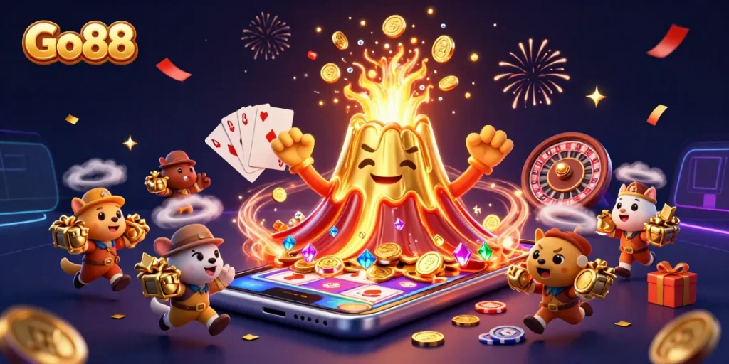 Experience thrilling moments at Go88 with vibrant treasures erupting from a golden volcano.