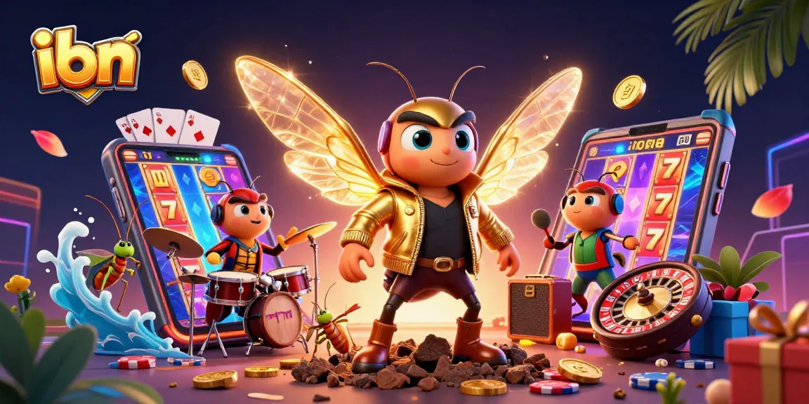 Engaging "ibn" illustration of an energetic slot game scene featuring a rock star cicada.