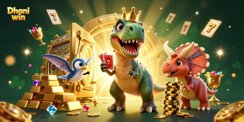 Dhani win's colorful T-Rex and dinosaur characters shuffle cards and stack chips amid golden treasures and slot reels.