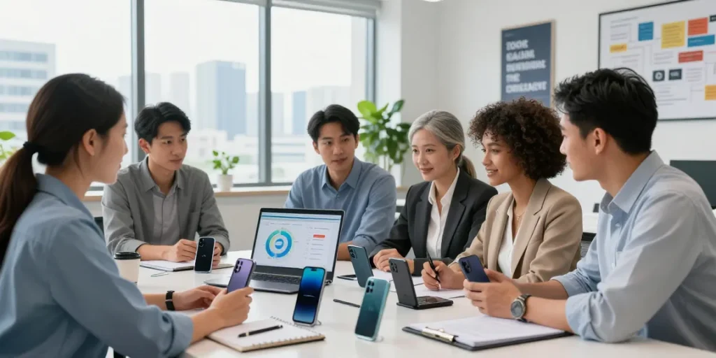 Team discussing O2 business handsets in a modern office