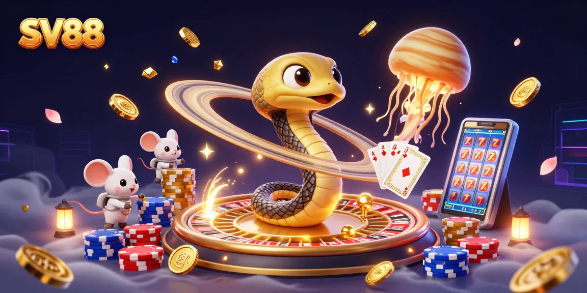 Experience thrilling bets at SV88 with a cosmic casino scene featuring dice and betting mice.