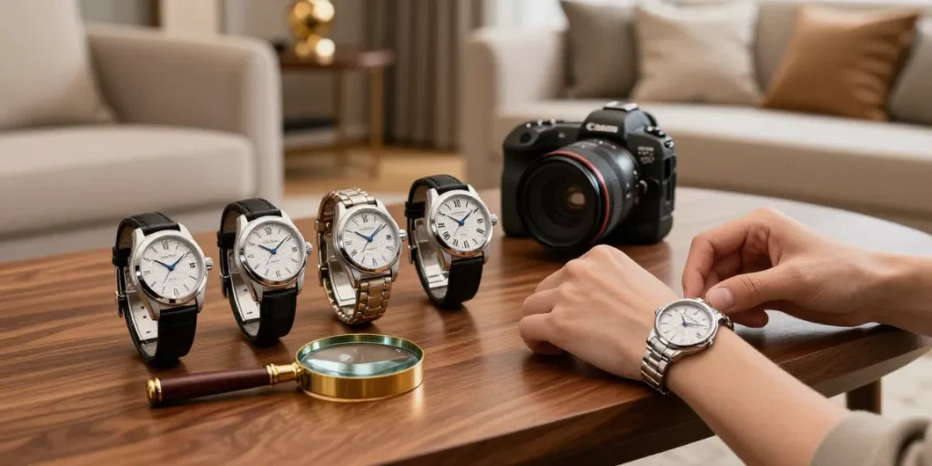 Replica watches elegantly displayed with intricate details, highlighting luxury craftsmanship and allure.