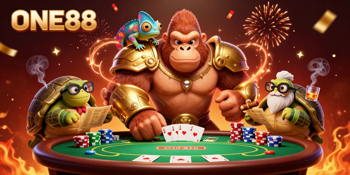 Engage in thrilling poker action at ONE88 with a powerful gorilla king and friends.