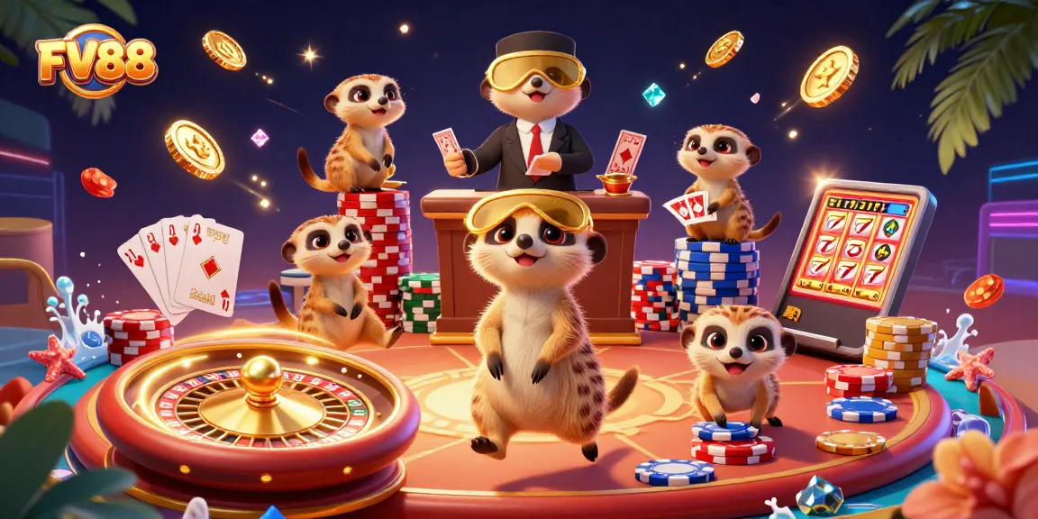 Experience the thrilling casino adventure of FV88 with dynamic meerkat characters amidst vibrant games.