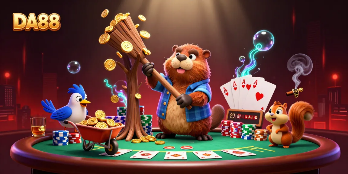 DA88 features a cartoon lumberjack beaver earning coins amidst vibrant casino elements.
