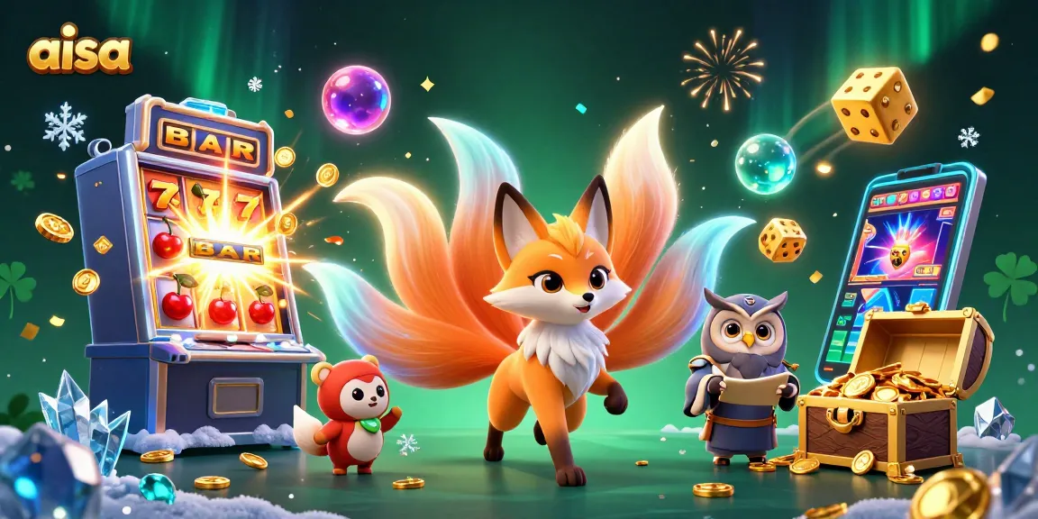 Aisa's enchanted casino world showcases a vibrant fox spirit, jackpot slots, and glowing treasures.