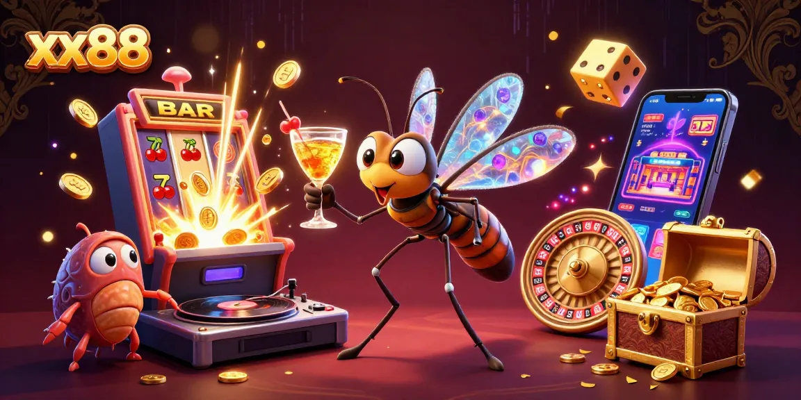 Experience exhilarating wins at xx88 with a lively casino scene featuring vibrant characters and dynamic gaming elements.