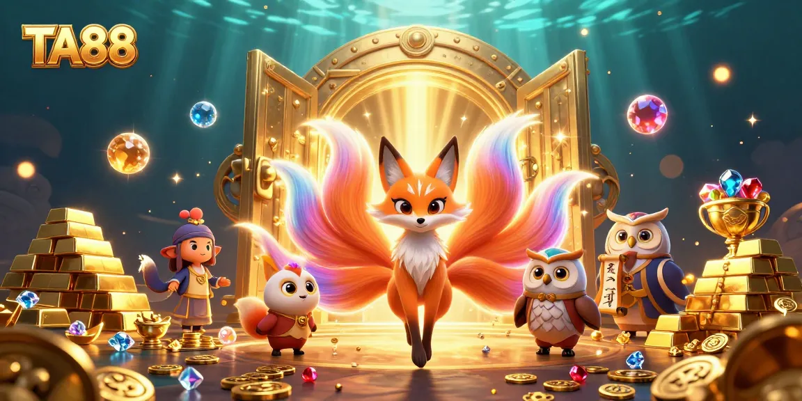 TA88 offers a vibrant 3D illustration of a nine-tailed fox and owl sage amid riches in a magical casino scene.