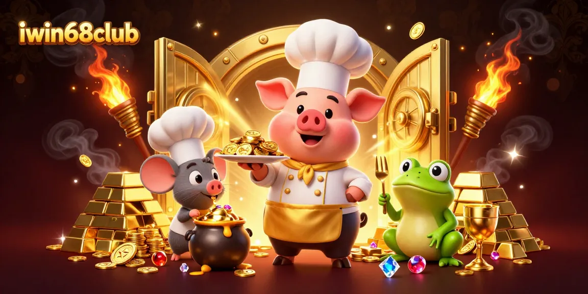 Experience thrilling gameplay with iwin68club as a chef pig serves gold coins amid a lavish casino scene.