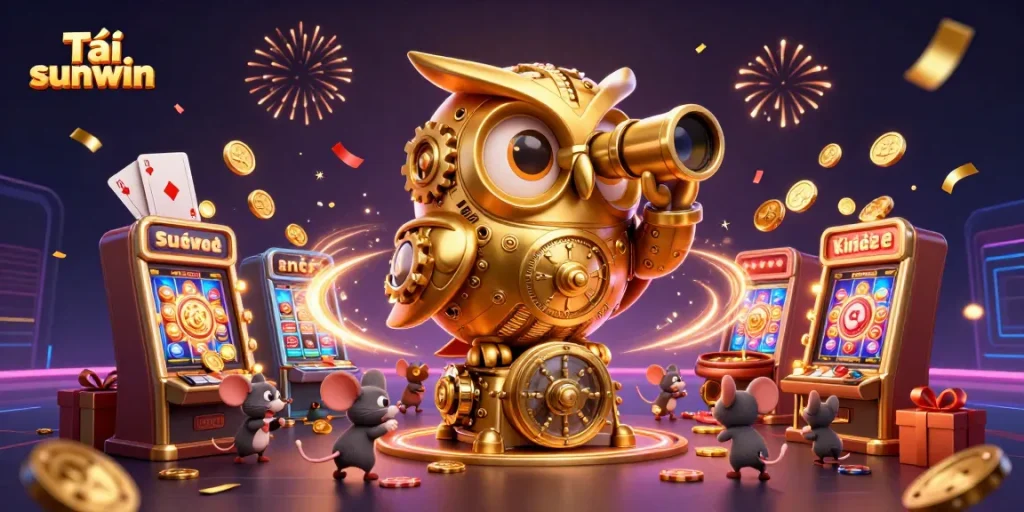 Win big with Tải sunwin: 3D illustration of a golden owl and lively casino scene.