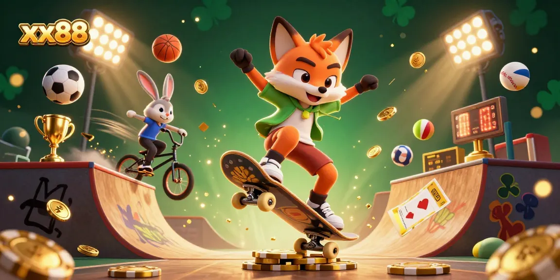 Experience the excitement at xx88 with vibrant 3D casino-themed characters amid dynamic sports elements.