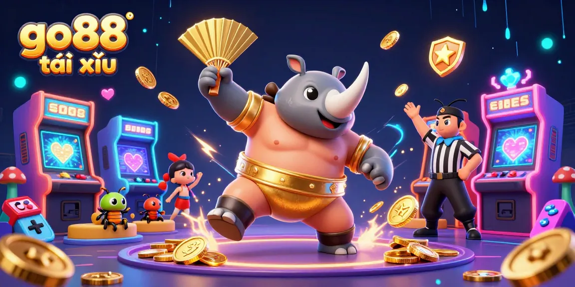 Engage in thrilling go88 tài xỉu gameplay with colorful characters, coins flying in a vibrant casino scene.