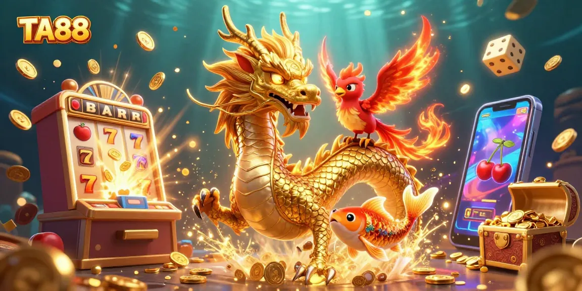 TA88 showcases a golden dragon and phoenix in a dynamic 3D casino scene with jackpots and luck.