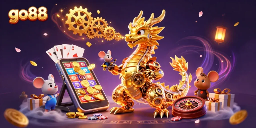 Engage with go88's thrilling slot games featuring a 3D golden dragon and dynamic casino elements.