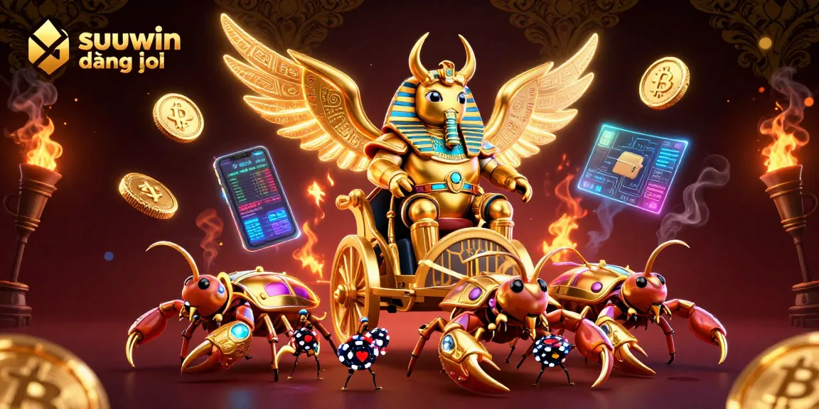 Experience suuwin đăng nhập with a dynamic scene of a 3D golden scarab and gaming elements, enhancing the gaming atmosphere.