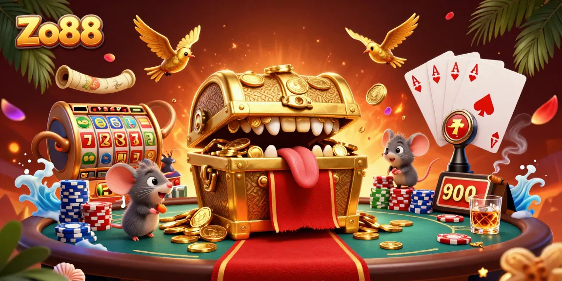 Engage with Zo88's vibrant casino experience showcasing treasure chest, poker chips, and slot reels.