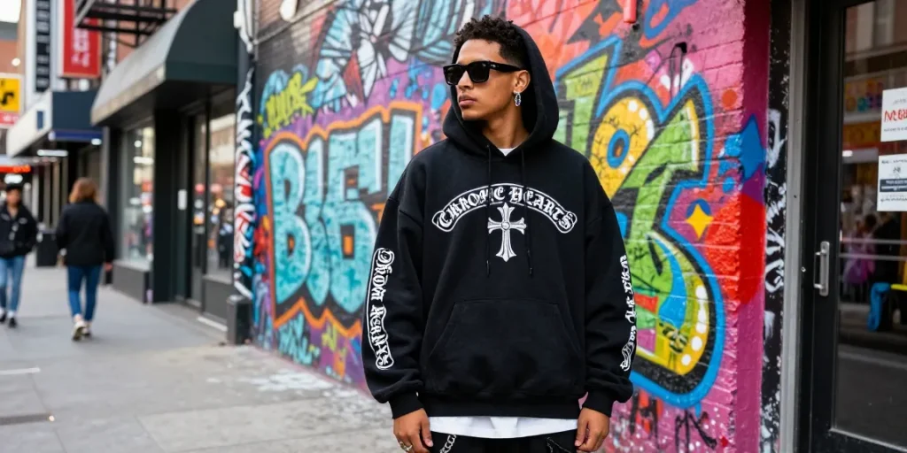 Stylish individual in a Chrome Hearts outfit showcasing urban streetwear fashion and designer accessories.