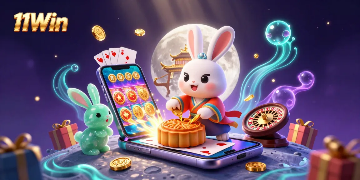 Engage in thrilling online gaming with 11Win as a moon rabbit discovers poker chips inside golden mooncakes.