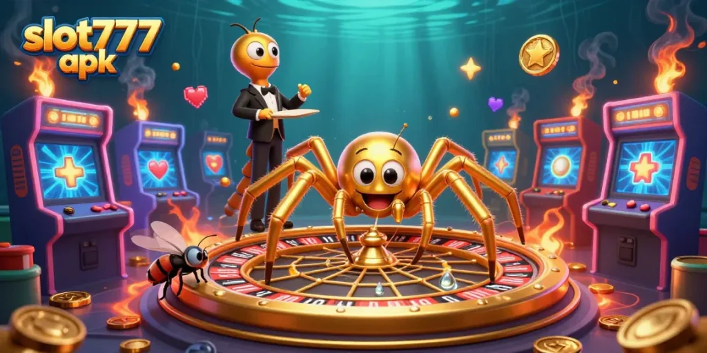 Experience thrilling gameplay with slot777 apk as colorful characters interact in a vibrant 3D casino scene.