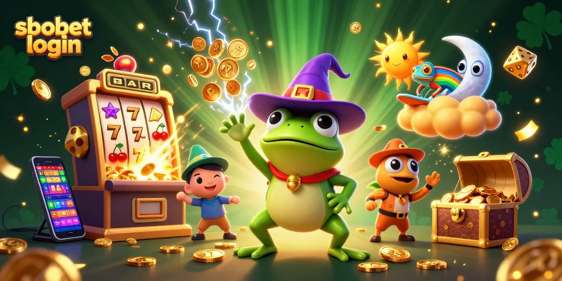 Spin and win with SBOBET login: A vibrant scene of characters generating golden rewards in a casino.