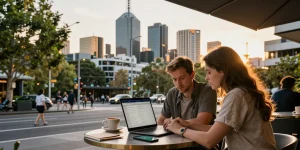 Engaged couple discussing Airbnb co-hosting in Melbourne at a café, with a laptop and coffee