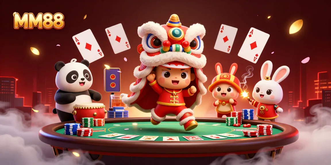 Join MM88's thrilling lion dance with colorful chips and cards in an engaging casino scene.