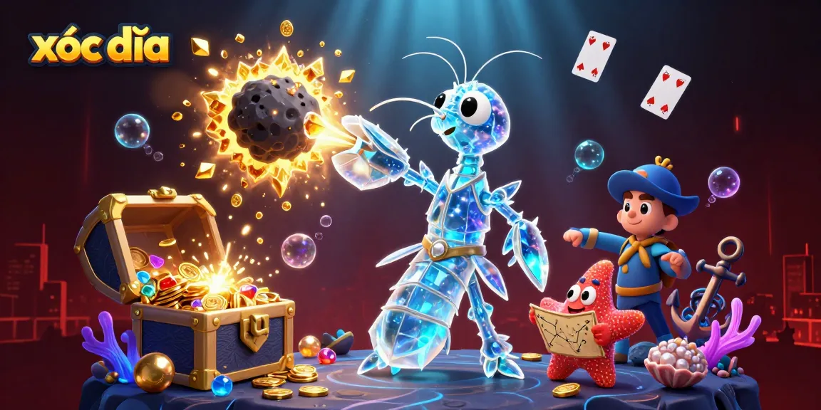 Xóc đĩa action-packed scene with a galactic mantis shrimp and treasure elements exploding with excitement