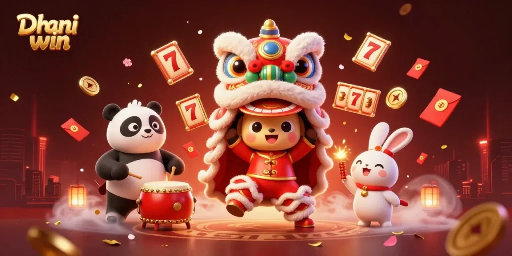 Dhani win players enjoy thrilling slot experiences surrounded by festive characters and vibrant decorations.