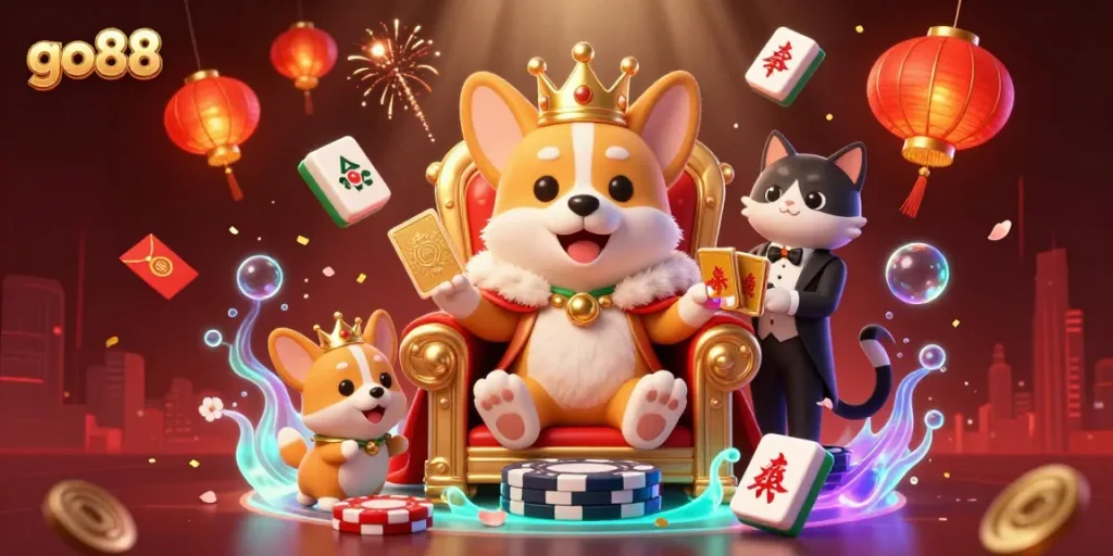 Experience luck at go88 with royal corgi and regal cat butler amid vibrant casino elements.