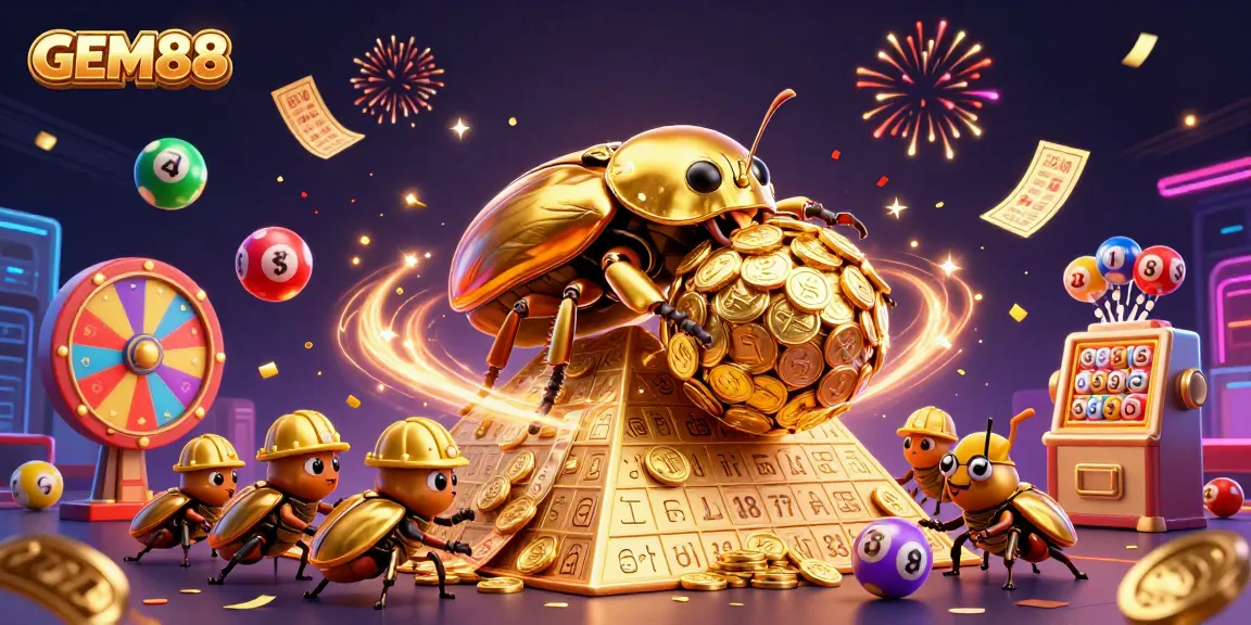 Experience the thrill of GEM88 with a colorful jackpot scene filled with golden coins and lottery elements.