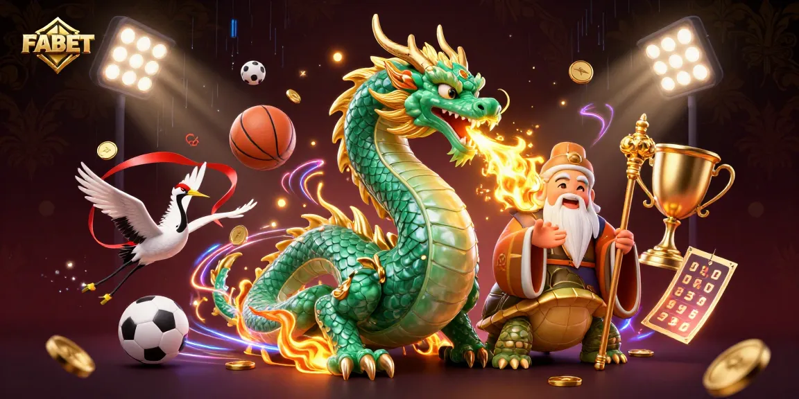Experience the thrill of FABET with a vibrant 3D illustration of a jade dragon and sports betting elements.