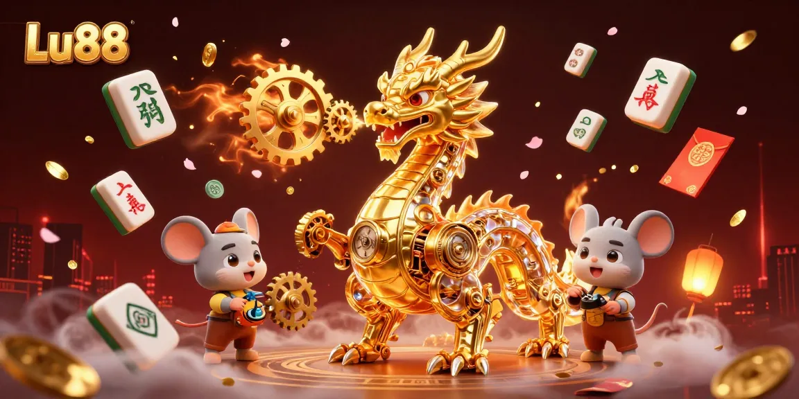 Experience the excitement of Lu88 with a vibrant 3D casino scene filled with games and lucky symbols.