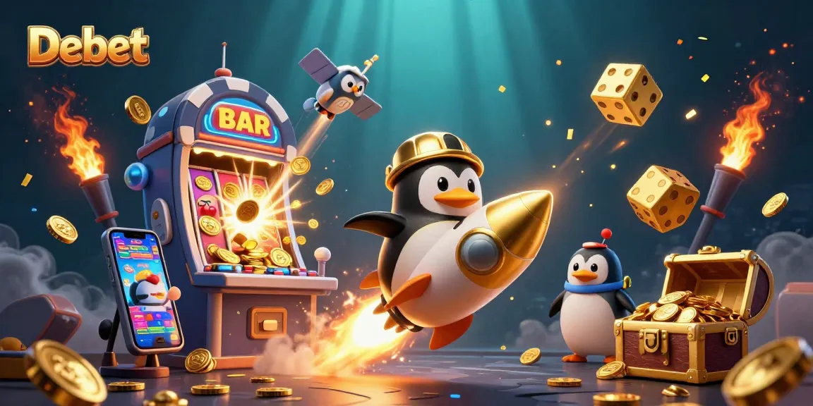 Experience thrilling wins at Debet with a golden penguin and exciting jackpot scenes.