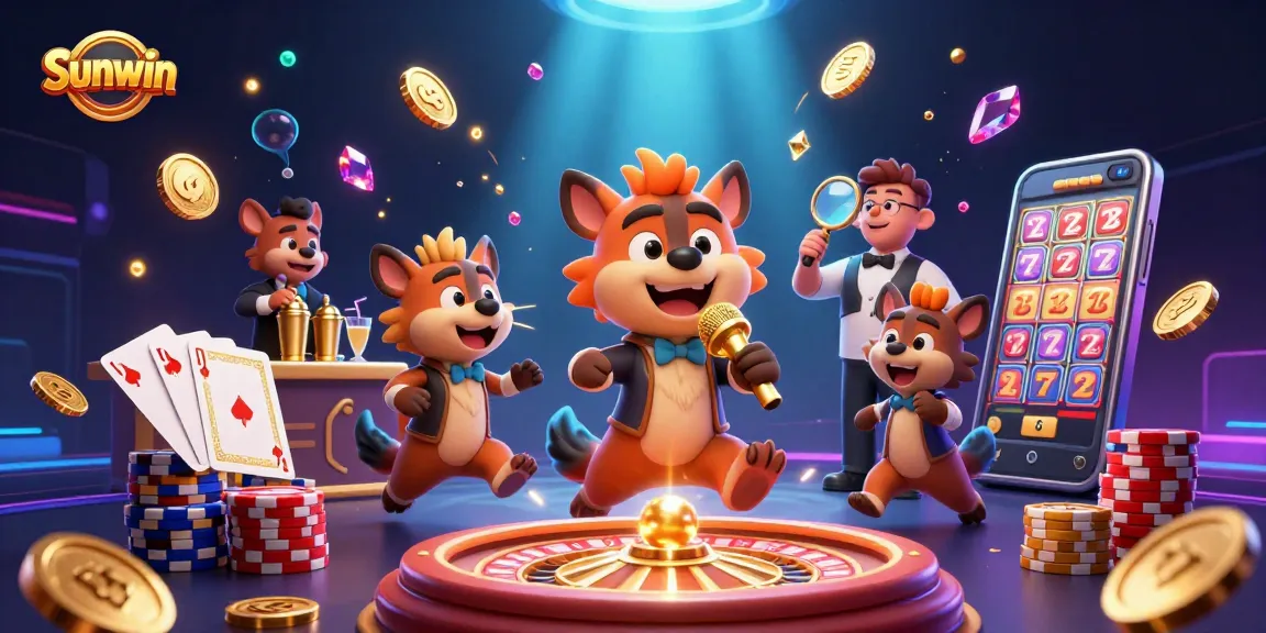 Engage in thrilling gaming at Sunwin with vibrant hyena characters and dazzling casino elements.